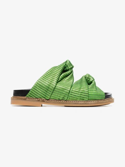 Shop Ganni Green Anoush Knotted Embossed Leather Slides