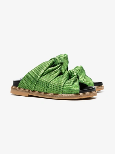 Shop Ganni Green Anoush Knotted Embossed Leather Slides