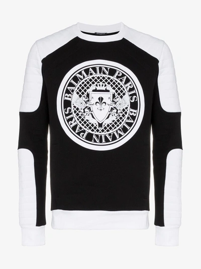 Shop Balmain Biker Logo Print Cotton Sweatshirt In Black