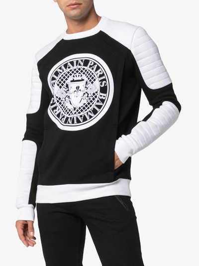 Shop Balmain Biker Logo Print Cotton Sweatshirt In Black