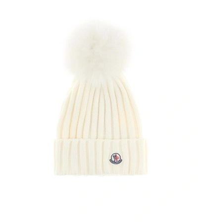 Shop Moncler Fur-trimmed Wool Beanie In White