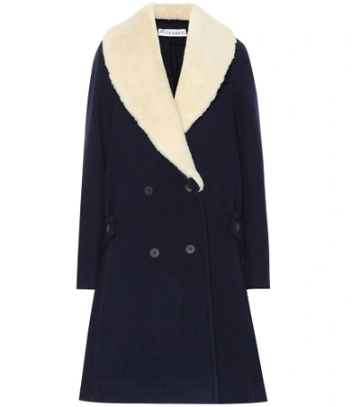 Shop Jw Anderson Shearling-collar Wool Coat In Blue