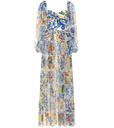 Shop Dolce & Gabbana Majolica Silk-blend Chiffon Gown In Blue