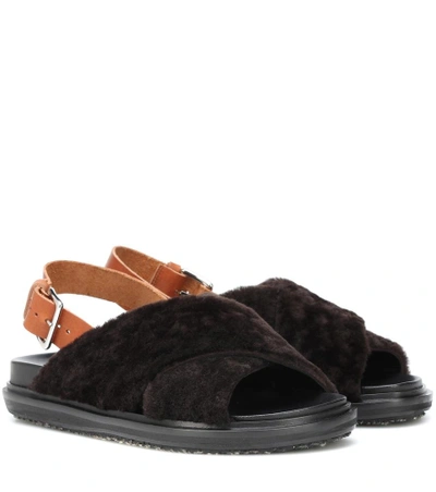 Shop Marni Leather And Lamb Fur Sandals In Brown