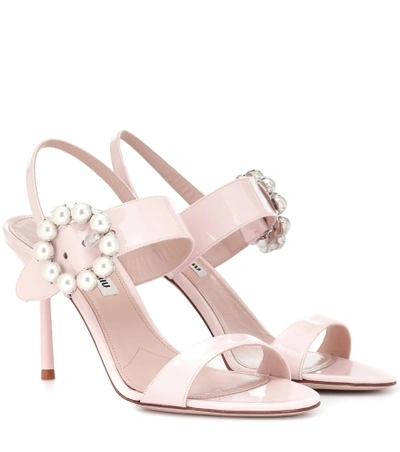 Shop Miu Miu Embellished Patent Leather Sandals In Pink