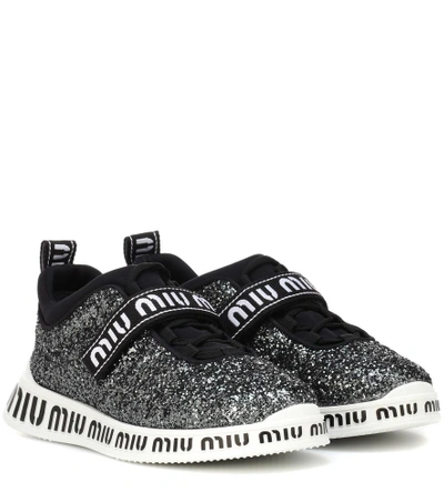 Shop Miu Miu Logo Glitter Sneakers In Grey