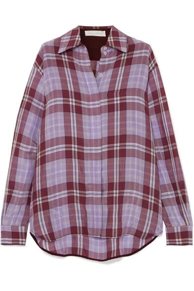 Shop Victoria Beckham Oversized Checked Crinkled-taffeta Shirt In Lilac