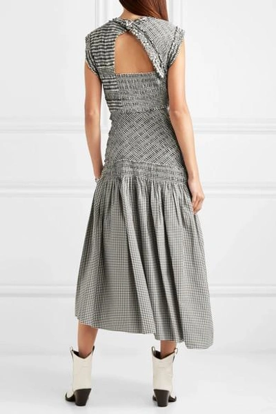Shirred Gingham Cotton-blend Midi Dress In Gray
