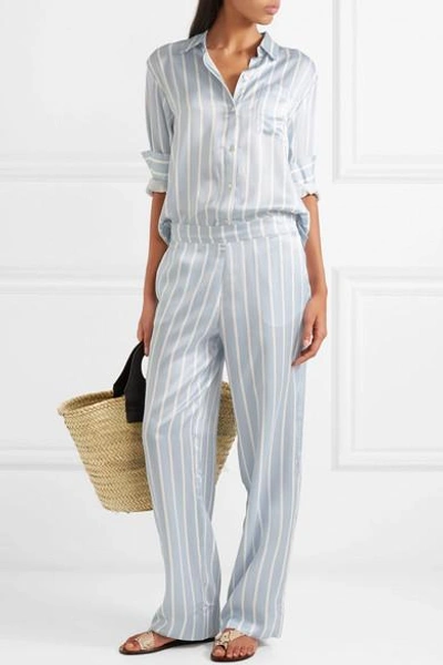 Shop Asceno Striped Silk-satin Pajama Top In Sky Blue