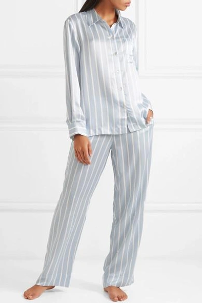 Shop Asceno Striped Silk-satin Pajama Top In Sky Blue
