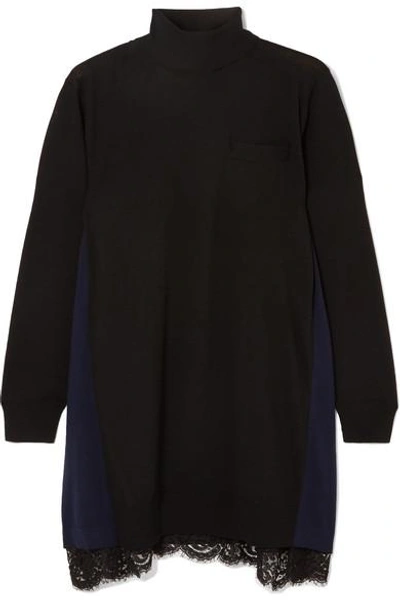 Shop Sacai Lace-trimmed Wool Turtleneck Mini Dress In Black