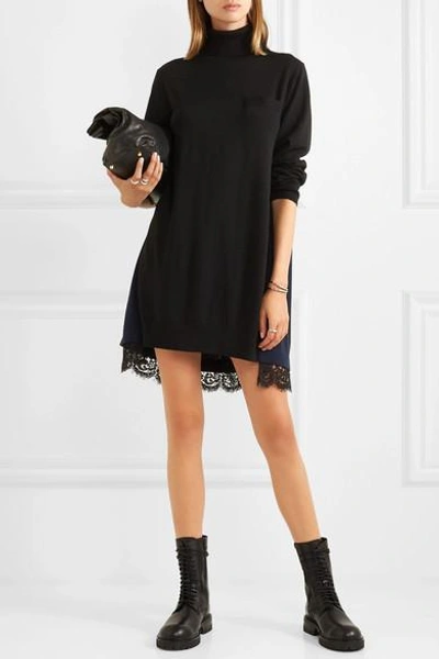 Shop Sacai Lace-trimmed Wool Turtleneck Mini Dress In Black
