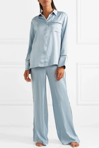 Shop Asceno Belted Silk-satin Pajama Pants In Sky Blue