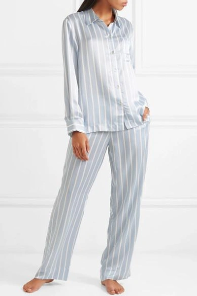 Shop Asceno Striped Silk-satin Pajama Pants In Sky Blue