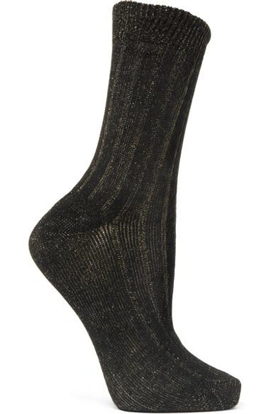 Shop Maria La Rosa Ribbed Metallic Cotton-blend Socks In Black