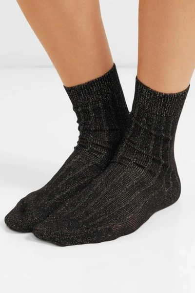 Shop Maria La Rosa Ribbed Metallic Cotton-blend Socks In Black