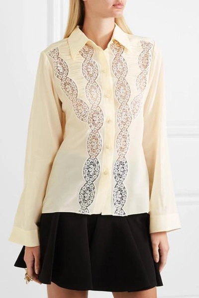 Shop Chloé Lace-trimmed Silk Crepe De Chine Shirt In Cream