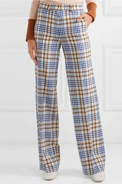 Shop Victoria Beckham Checked Wool And Mohair-blend Wide-leg Pants In Blue