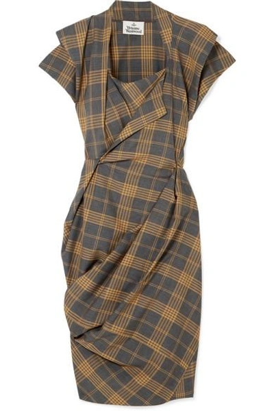 Shop Vivienne Westwood Grand Fond Draped Tartan Wool Dress In Gray