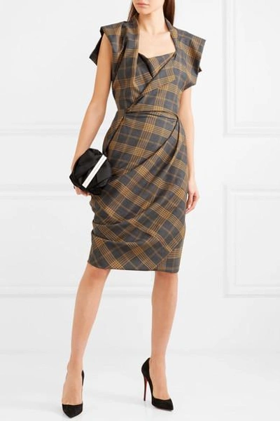 Shop Vivienne Westwood Grand Fond Draped Tartan Wool Dress In Gray