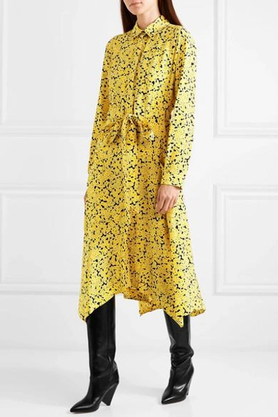Shop Cedric Charlier Asymmetric Floral-print Silk Crepe De Chine Midi Dress In Yellow
