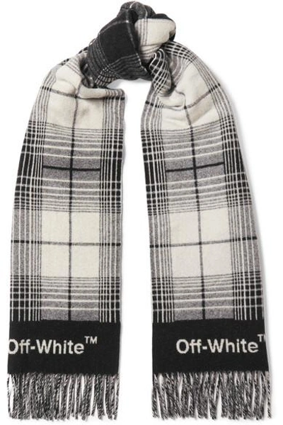 Shop Off-white Fringed Checked Wool-blend Scarf In Black