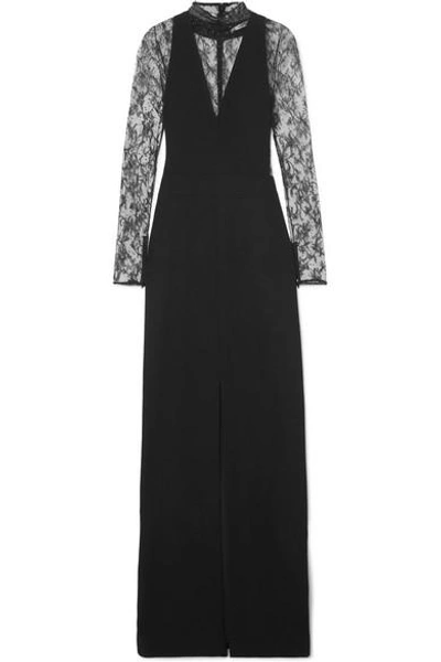 Shop Givenchy Lace-paneled Wool-crepe Gown In Black