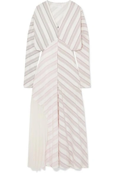 Shop Victoria Beckham Paneled Striped Silk And Chiffon Dress In White
