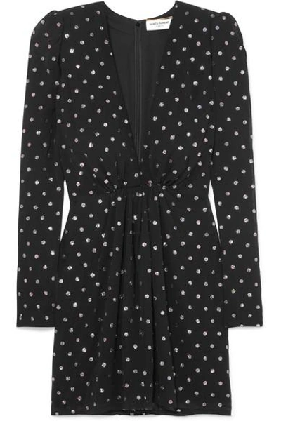 Shop Saint Laurent Glittered Polka-dot Crepe Mini Dress In Black