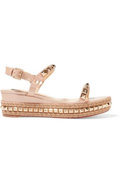 Shop Christian Louboutin Cataclou 60 Embellished Patent-leather Wedge Espadrille Sandals In Neutral