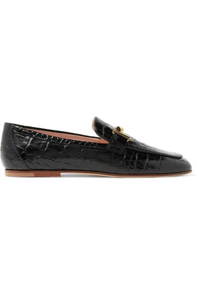 Shop Tod's Croc-effect Leather Loafers In Black