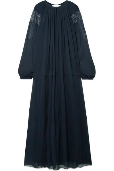 Shop Chloé Lace-trimmed Silk-crepon Maxi Dress In Midnight Blue