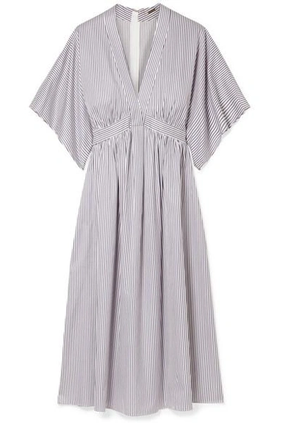 Shop Adam Lippes Striped Cotton-jacquard Dress In Light Blue