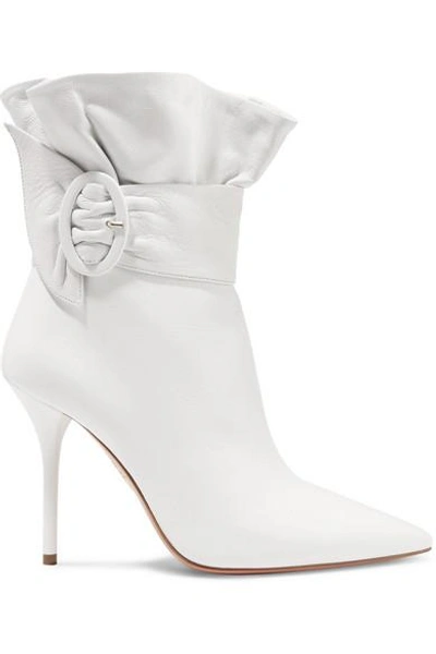 Shop Aquazzura Palace Ruffled Leather Ankle Boots In White