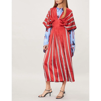 Shop Roksanda Mihara Striped Silk-satin Midi Dress In Scarlet
