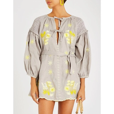 Shop Innika Choo Floral-embroidered Linen Mini Dress In Grey