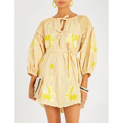 Shop Innika Choo Frilled Floral-embroidered Cotton Mini Dress In Yellow