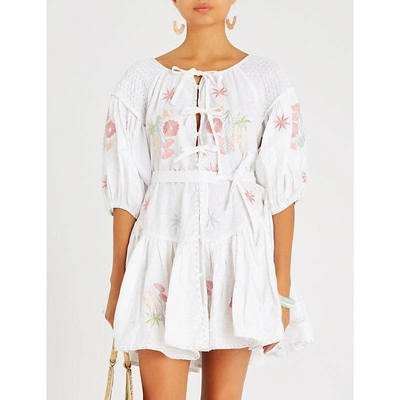 Shop Innika Choo Frilled Floral-embroidered Linen Mini Dress In White