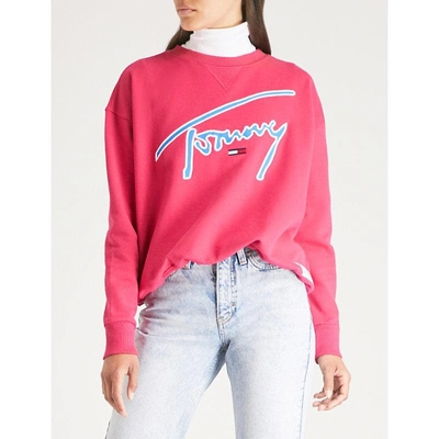 Shop Tommy Jeans Signature-embroidery Cotton-jersey Sweatshirt In Cerise