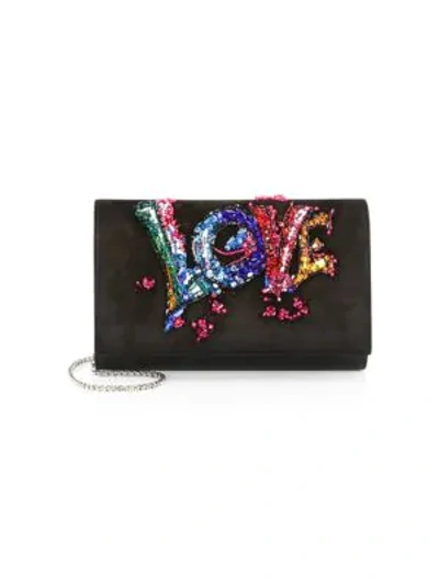 Shop Christian Louboutin Paloma Suede Love Embroidery Clutch In Black Multi