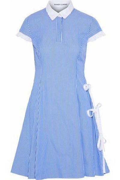 Shop Sandy Liang Woman Altima Bow-detailed Striped Cotton-poplin Dress Blue