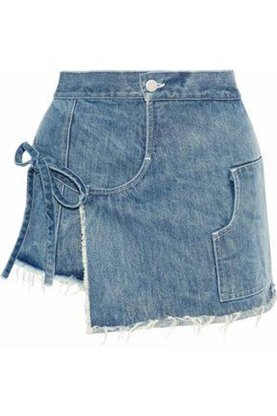 Shop Sandy Liang Woman Storey Wrap-effect Layered Denim Shorts Mid Denim
