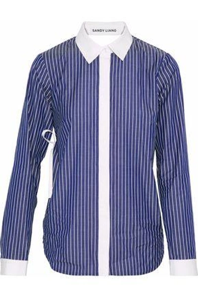 Shop Sandy Liang Woman Enzo Open-back Ruffled Striped Cotton Shirt Royal Blue