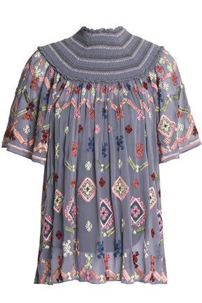 Shop Needle & Thread Woman Smocked Embroidered Crepe De Chine Blouse Sky Blue