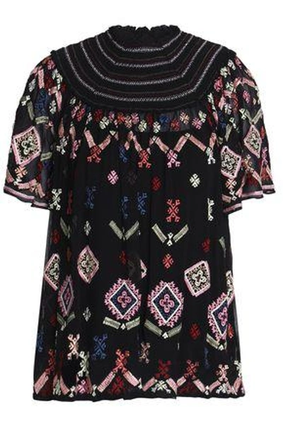 Shop Needle & Thread Woman Smocked Embroidered Crepe De Chine Blouse Black