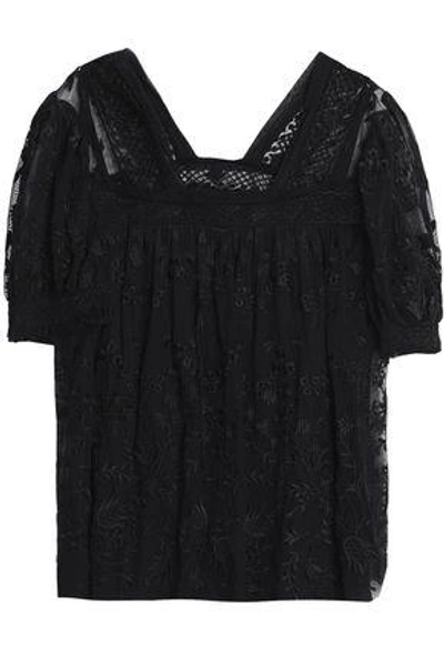 Shop Needle & Thread Woman Embroidered Tulle Blouse Black