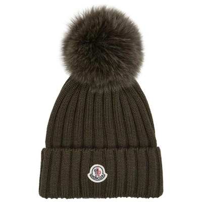 Shop Moncler Army Green Pompom Wool Beanie In Khaki