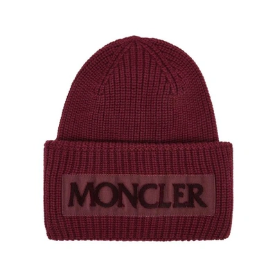 Shop Moncler Bordeaux Logo-appliquéd Wool Beanie