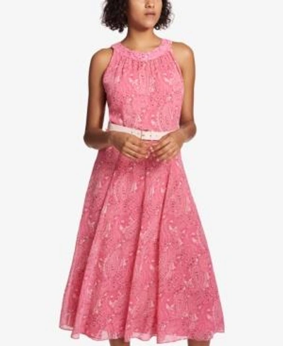 Shop Tommy Hilfiger Belted Floral-print Midi Dress In Pink Multi