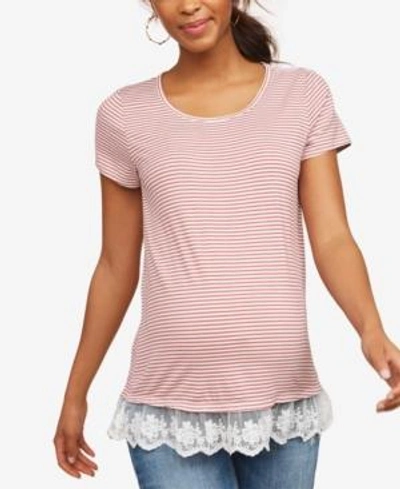 Shop Collective Concepts Maternity Lace-trim Jersey T-shirt In Red White Stripe